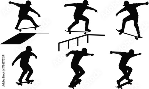 Skateboarder silhouette vector illustration showing extreme tricks, jumps, rail stunts, balance moves, and dynamic skateboarding action in modern black design