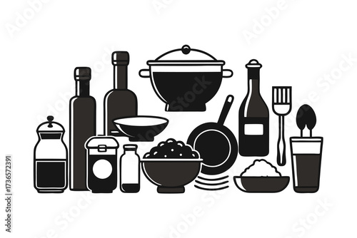 Collection of kitchenware and tableware isolated on white background, including bottles, pots, pans, bowls, and utensils