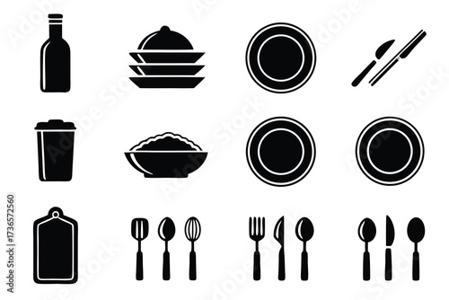 Collection of kitchenware icons isolated on white background, featuring plates, cutlery, and serving dishes for culinary use