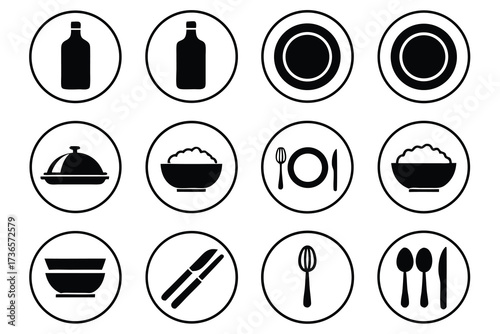 Collection of kitchenware icons in circles isolated on white background, featuring plates, cutlery, and serving dishes for culinary use