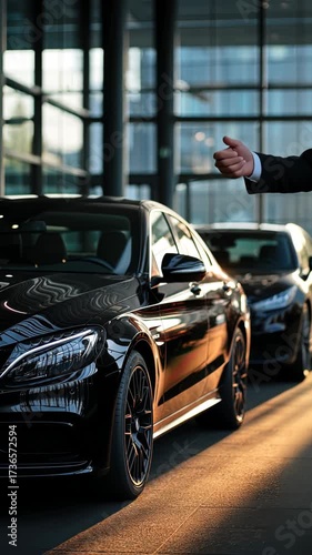 A luxury car is showcased in a sleek showroom, highlighting its design under bright natural light as a person inspects it