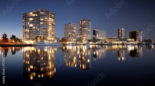 Picturesque cityscape at night with bright reflections in calm river waters
