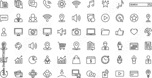 Minimal blue line icons, communication, technology, multimedia, business, shopping, social media, interface, time management, modern digital design set