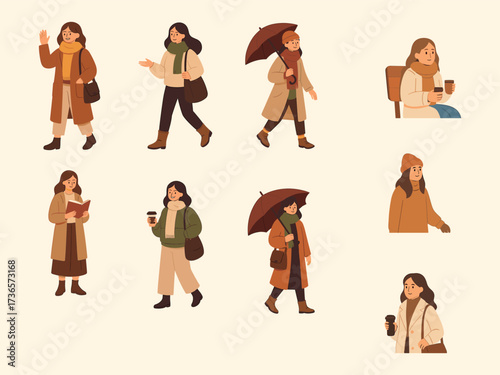 A collection of cozy autumn-themed illustrations featuring women in warm clothing, scarves, coats, and hats, holding coffee cups, books, and umbrellas in everyday casual scenes.