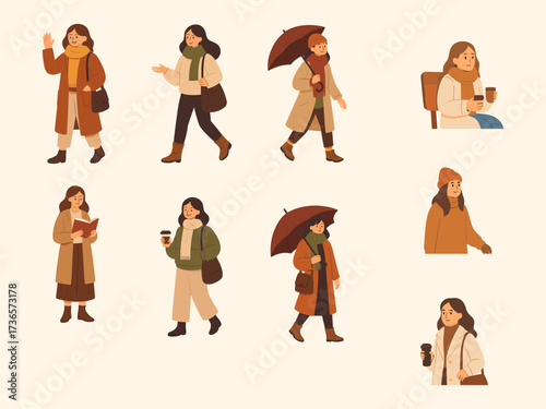 A collection of cozy autumn-themed illustrations featuring women in warm clothing, scarves, coats, and hats, holding coffee cups, books, and umbrellas in everyday casual scenes.