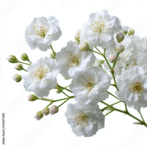Delicate cluster of white gypsophila flowers isolated on a white backdrop for floral designs