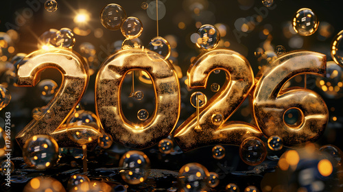 Golden 2026 Numbers Shining Celebration 3D Render Dark Background New Year Concept