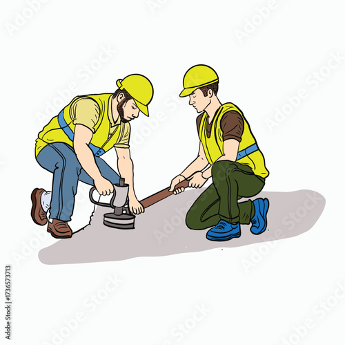 Skilled Construction Workers Collaborating to Grind and Smooth a Concrete Surface with Precision Using Industrial Equipment on a Busy Construction Site