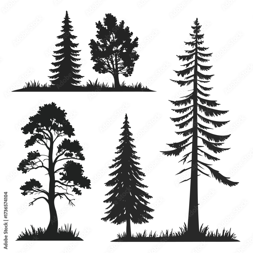 Obraz premium Assortment of tree silhouettes with grass on white background