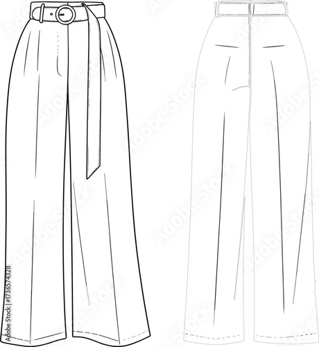 Wide leg trousers fashion illustration, technical flat sketch, high waist pants with belt, pleated design, front and back view drawing
