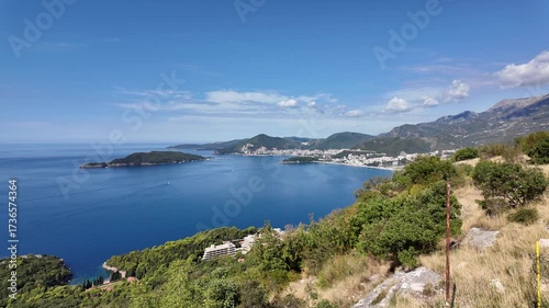 A view of the area around Sveti Stefan Island and Sveti Nikola Island in Montenegro.