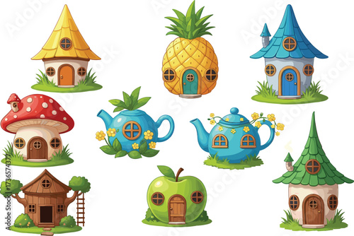 Whimsical fantasy houses, mushroom home, teapot cottage, fruit shaped dwelling, magical architecture, fairy tale design, imaginative village, creative cartoon illustration