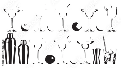 Collection of elegant cocktail glasses and bar tools for preparing refreshing drinks