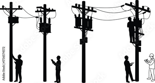 Utility workers silhouette vector set showing electrical pole maintenance, power line repair, teamwork, safety, inspection, technology, energy, industry, construction, service