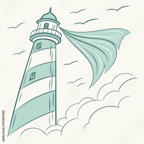 Lighthouse with flowing fabric and birds coast ocean
