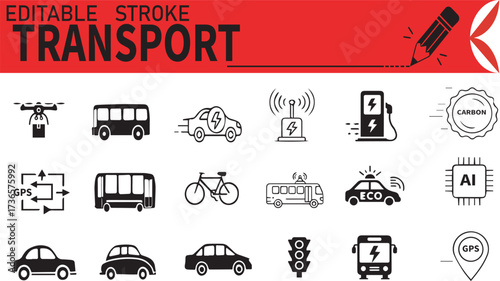 Editable Stroke Transport Icons – Smart Mobility, Electric Vehicles, GPS, and Tech Line Art Set