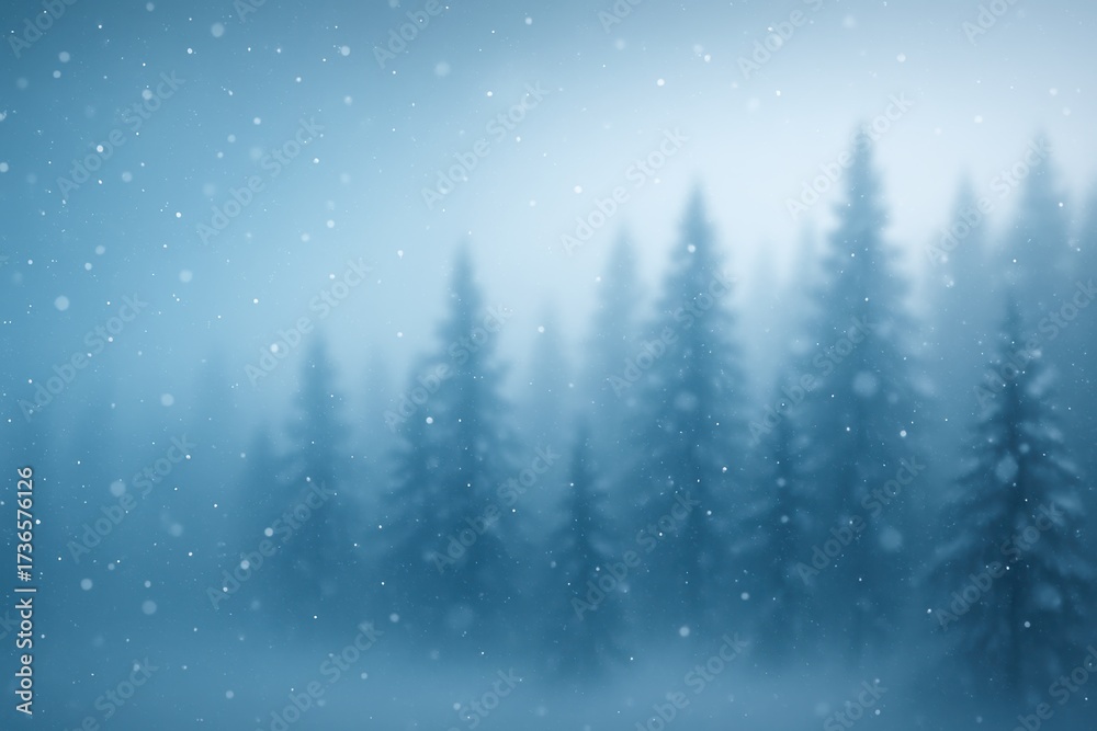 Naklejka premium Snowy pine forest with gentle snowfall and frosty bokeh light winter background