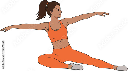 Flat Vector Illustration of Fit Woman Stretching on Floor in Sportswear