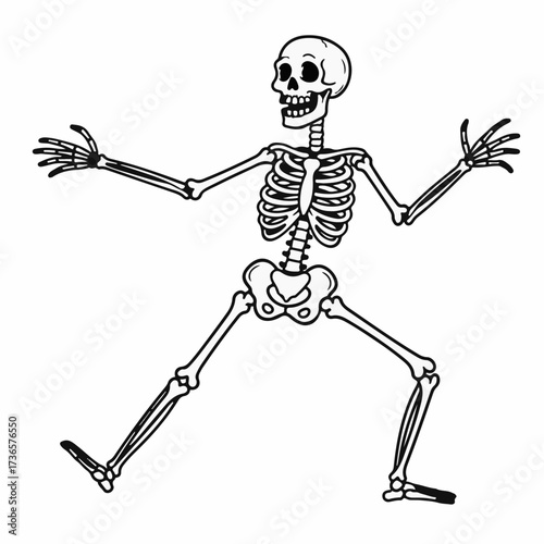 Playful skeleton with wide arms and legs, appearing to dance or celebrate with a cheerful expression