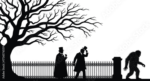 Victorian gentlemen encountering a mysterious creature near a spooky old tree