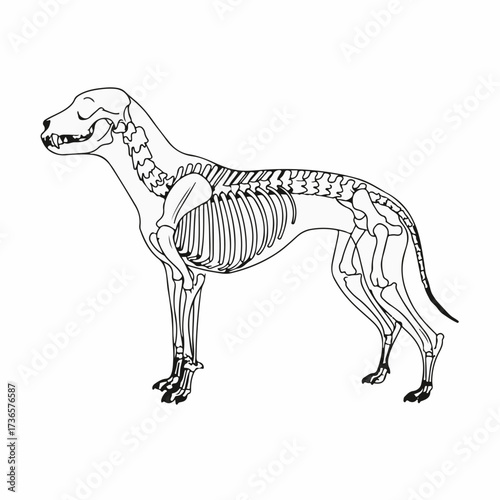 Detailed illustration of a dog's skeletal anatomy, showcasing bones and structure.