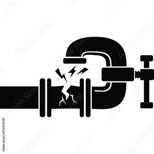 Broken Pipe Fixed with Clamp Icon repair plumbing leak damage emergency plumber maintenance water leakage burst problem solution symbol