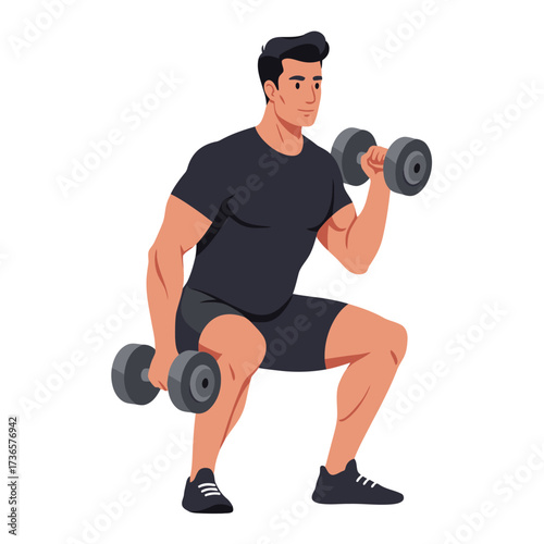 Flat Vector Illustration of Fit Man Exercising with Dumbbells in Squat Position