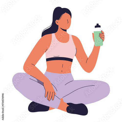 Flat Vector Illustration of Fit Woman Sitting Cross-Legged with Water Bottle