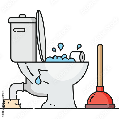 Clogged Toilet with Plunger Illustration plumbing water paper bathroom fixture drain repair maintenance leak overflow flush bowl
