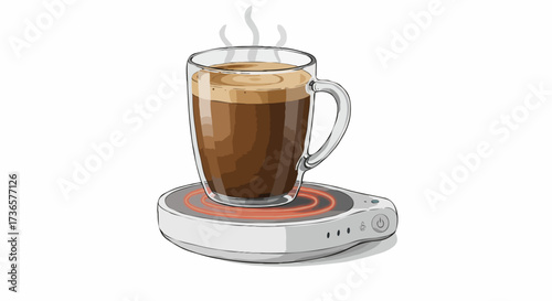 Hot Coffee in a Glass Mug Warming on an Electric Coaster with Steam Rising