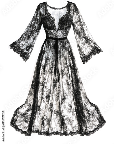 black lace dress with short sleeves, long skirt, and sheer pantyhose on a transparent background