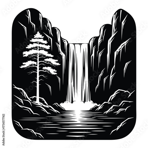 Dramatic black and white illustration of a majestic waterfall cascading into a serene pool surrounded by rugged cliffs and a solitary pine tree
