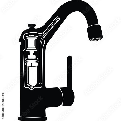 Cross-section of a modern water tap in black and white faucet plumbing fixture illustration internal components sink bathroom kitchen