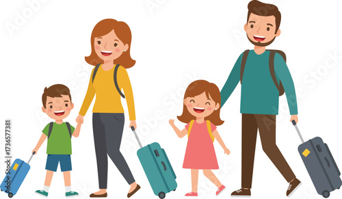 Flat vector illustration of a happy family traveling with suitcases, vacation and holiday trip concept, minimal cartoon style, isolated on white background