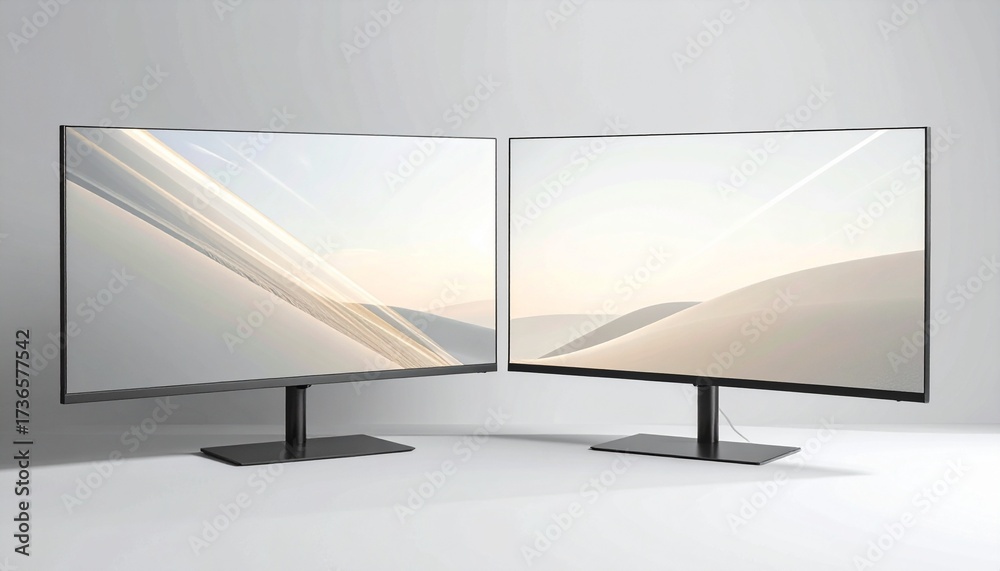 Fototapeta premium Two modern computer monitors set up against a soft light backdrop. The screens display abstract art and sleek design