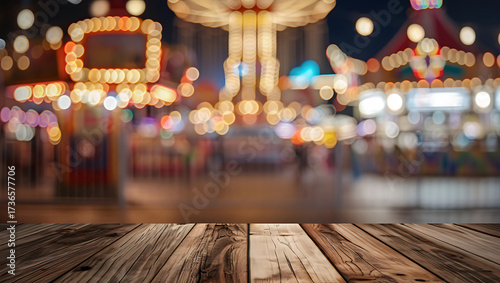 Fototapeta Naklejka Na Ścianę i Meble -  Blurred amusement park at night with bokeh lights and wooden table