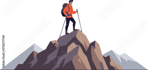 Flat vector illustration of a man standing on mountain peak with backpack and trekking poles, hiking and adventure travel concept, minimal cartoon style, isolated on white background