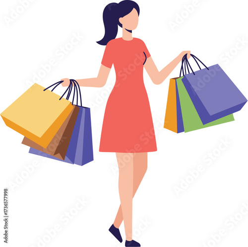 Flat Vector Illustration of Woman Carrying Multiple Shopping Bags