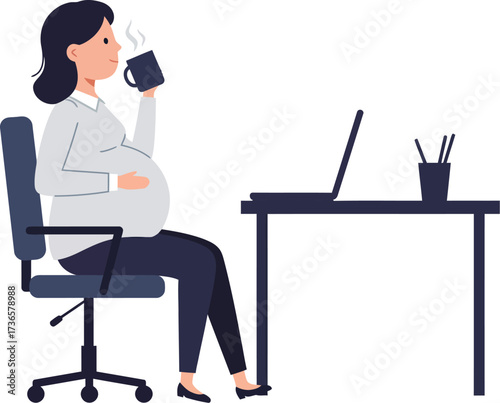 Flat vector illustration of a pregnant woman sitting at office desk with laptop and drinking coffee, working mother concept, minimal cartoon style, isolated on white background