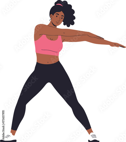 Flat vector illustration of a woman stretching arms during workout, fitness exercise concept, minimal cartoon style, isolated on white background
