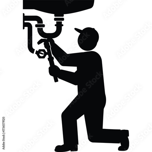 Plumber Icon Silhouette repair plumbing wrench pipe sink service home maintenance fix worker job occupation handyman tool construction