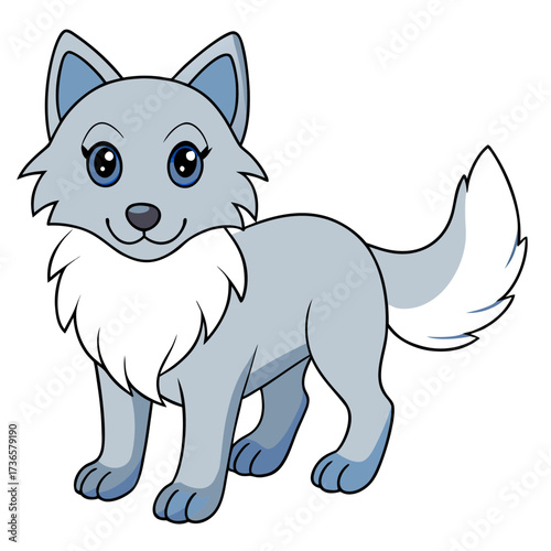 Cute cartoon wolf illustration standing on white background cheerfully