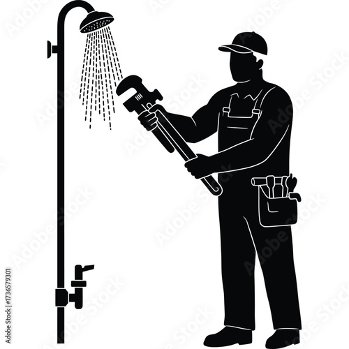 Plumber with Wrench Repairing Shower Head Silhouette pipe water maintenance plumbing tool tools belt overalls worker
