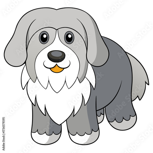 Cute cartoon dog with fluffy beard stands happily