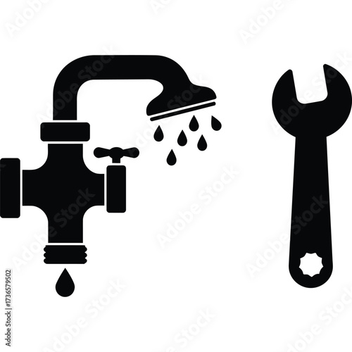 Plumbing Repair Icon faucet wrench maintenance water symbol service plumber fixture tool equipment leak dripping tap valve shower