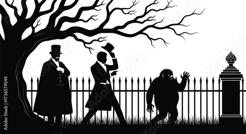 Silhouette of a gentleman a man tipping his hat and a monster by a fence