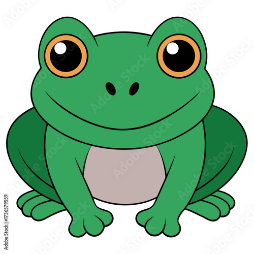 Cartoon Green Frog Sitting, Smiling with Orange Eyes