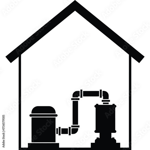 Pool Equipment in House Silhouette pump filter system plumbing water maintenance repair home building structure indoor black white
