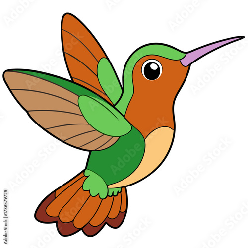 Cartoon hummingbird illustration with bright colorful plumage and sleek lines