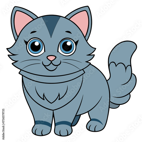 Cute gray cartoon cat with bright blue eyes image